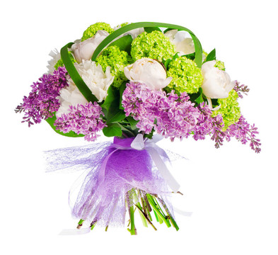 束丁香花；玫瑰和鳶尾花