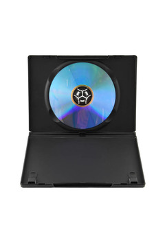 白色背景的黑色塑料盒和光盤。