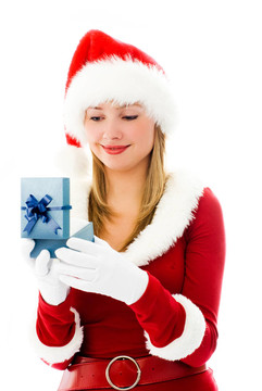 打扮漂亮的女孩Santa打開圣誕禮物