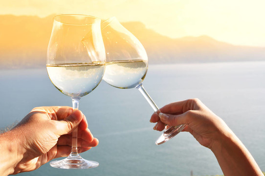 雙手拿著wineglases對Lavaux地區(qū)的葡萄園；瑞士