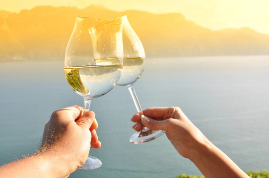 雙手拿著wineglases對Lavaux地區(qū)的葡萄園；瑞士