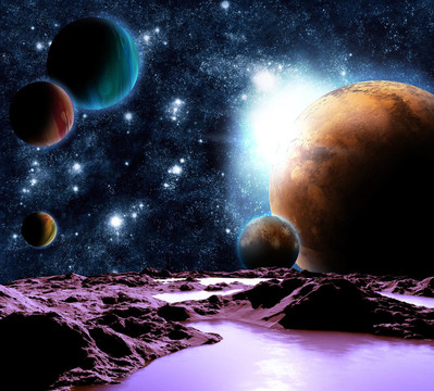 抽象的行星與水的圖像。尋找新的來源和技術(shù)。遙遠(yuǎn)行星旅行的未來。