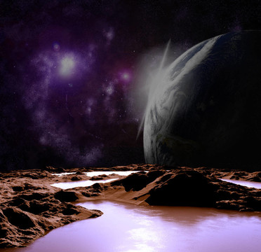 抽象的行星與水的圖像。尋找新的來源和技術(shù)。遙遠(yuǎn)行星旅行的未來。