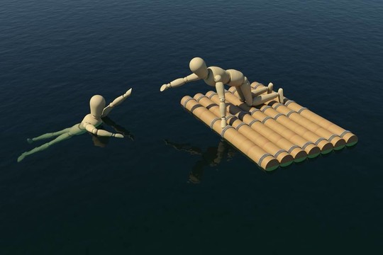 木筏上的木頭人拉著溺水者的手。3D渲染