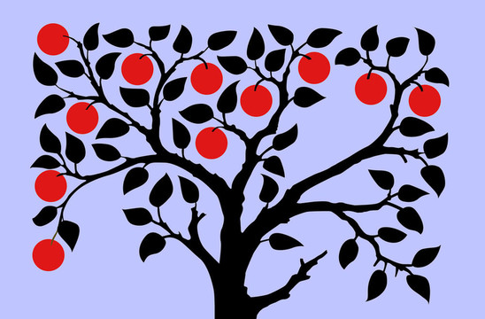在轉(zhuǎn)彎的藍(lán)色背景，蘋(píng)果樹(shù)的剪影