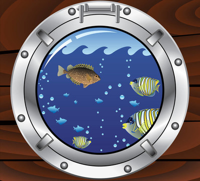 舷窗和五顏六色的熱帶魚