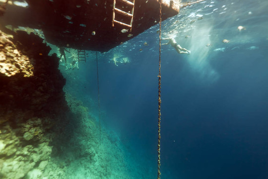 在浮碼頭snorklers。