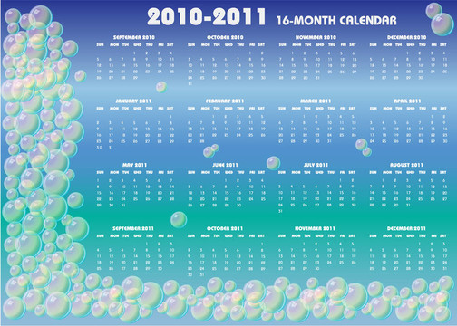 16個(gè)月的2010-2011年日歷藍(lán)色
