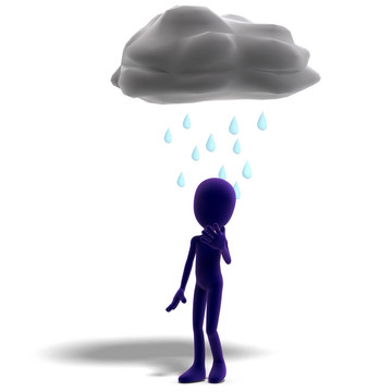 在雨中3d男性圖標(biāo)卡通人物。3D渲染與剪輯路徑和陰影超過白色
