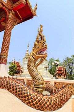 在佛教寺廟前的納迦雕像國王；Chiangmai Prov