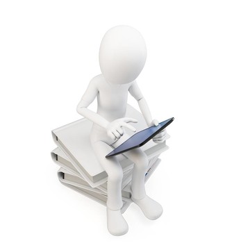 3D人坐在一堆書上用平板電腦工作
