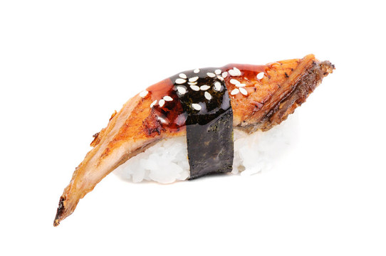 Sushi nigiri如意炸白鱔白色背景分離