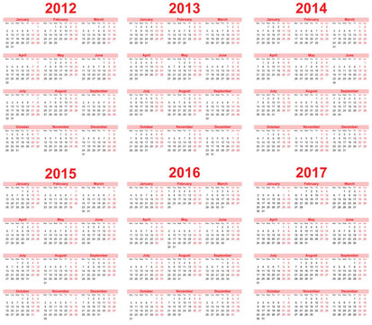 日歷2012；2013；2014；2015；20