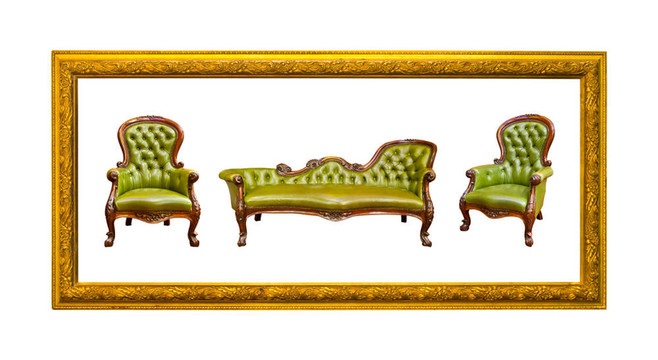 豪华绿色皮革椅在金色木框孤立