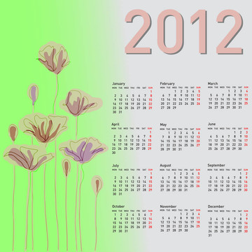 時(shí)尚日歷花2012。星期一星期開(kāi)始。