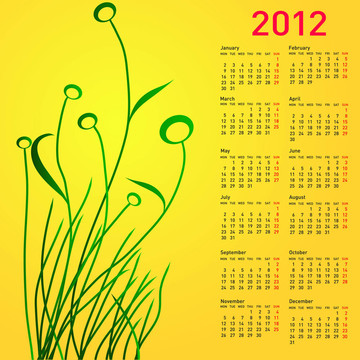 時尚日歷花2012。星期一星期開始。