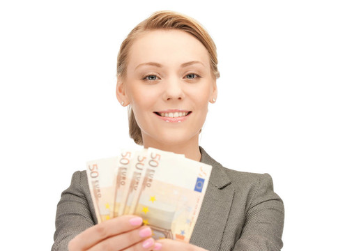 可愛的女人用歐元現(xiàn)金