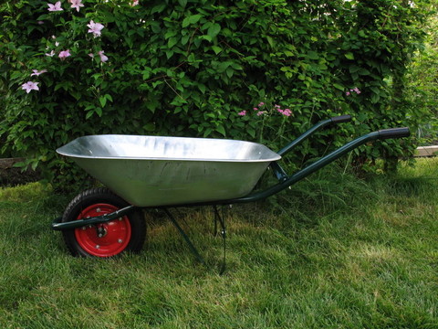在花園的草地上獨(dú)輪車