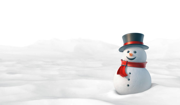 可愛的雪人在雪白的山地。
