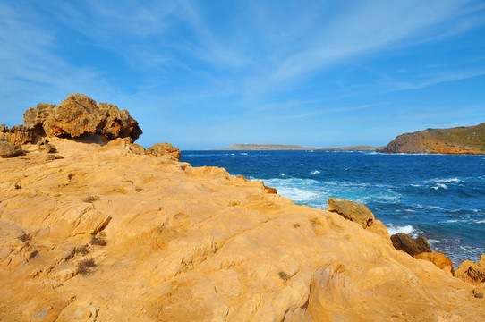 梅諾卡島binimela海灘觀；巴利阿里群島；西班牙
