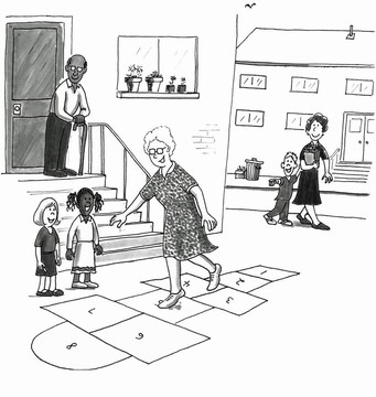 老女人和孩子們玩跳房子跳