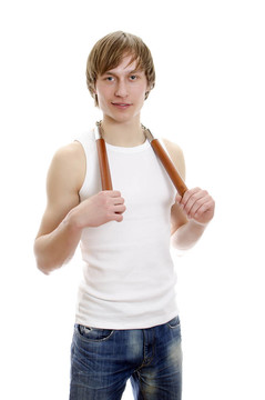 武術(shù)。人與nunchucks。白色隔離。