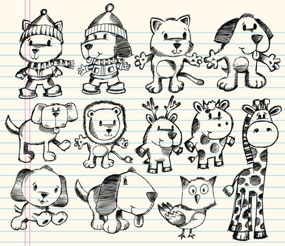 涂鴉素描動物向量集