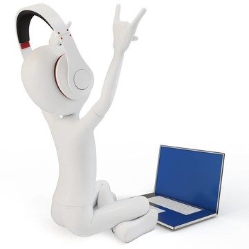 3D人快樂與筆記本電腦和耳機