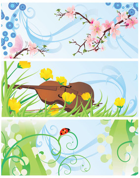 春天的旗幟與櫻花樹；小提琴；花和瓢蟲