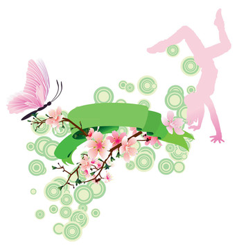 春季滾動與櫻花花；蝴蝶；舞蹈女孩和綠色裝飾