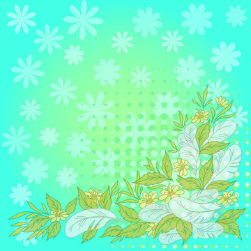 花；葉子；藍(lán)色和綠色的羽毛