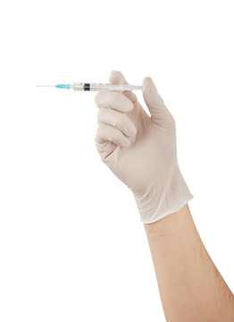 持醫(yī)用注射器隔離手套的醫(yī)生手