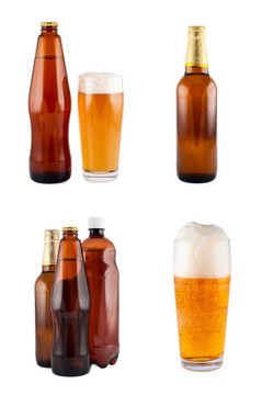 瓶裝啤酒；玻璃；集。白色隔離。裁剪路徑。