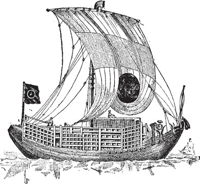 中國垃圾；古代帆船；老式版畫。