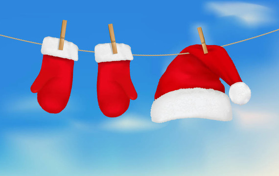 Santa的帽子和手套掛。