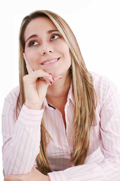體貼的拉丁女人仰視-孤立的白色