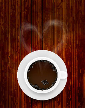 咖啡杯木背景与烟雾的心脏形式。eps10