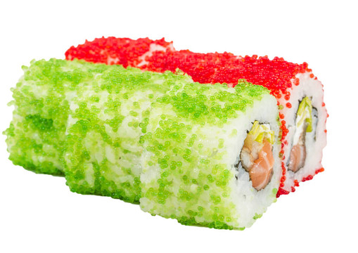 魚(yú)子辣真希壽司，熱輥與各種類(lèi)型的Tobiko（