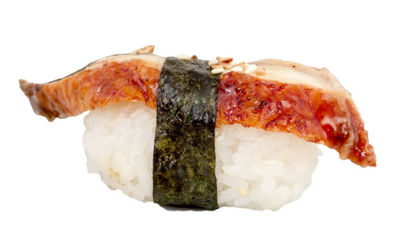 鰻魚壽司。白色隔離。