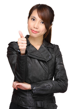 亞洲女子拇指在白色背景