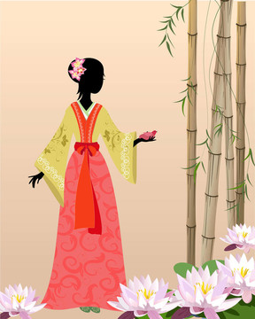 池塘中的中國女孩
