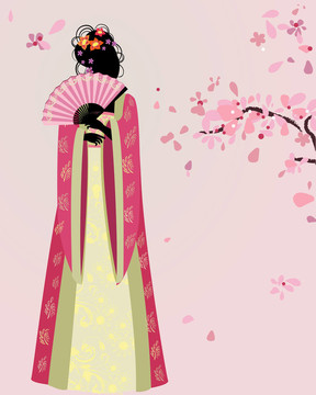 美麗的女孩的和服在櫻花
