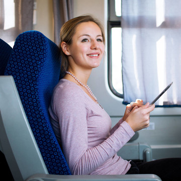 年輕女子坐火車旅行時使用平板電腦