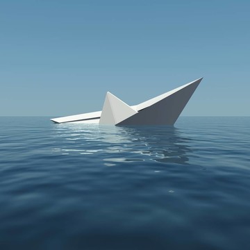 紙船沉入大海。3D渲染