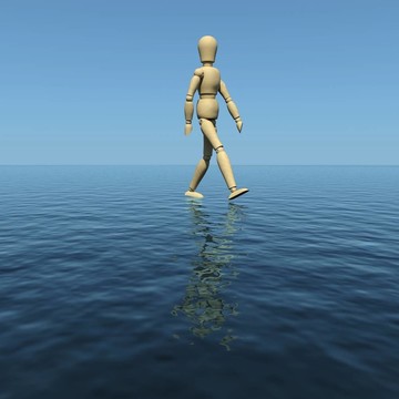 木頭人在水上行走。3D渲染