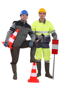 兩名馬路工人合影