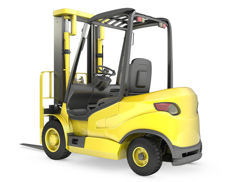 黃色叉車；后視圖