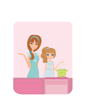 媽媽幫女兒做飯