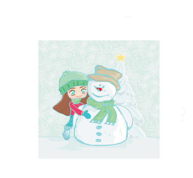 小女孩和雪人卡片