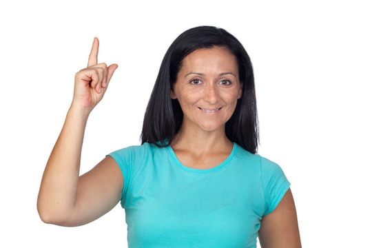 可愛(ài)的女人與藍(lán)色T恤要求發(fā)言